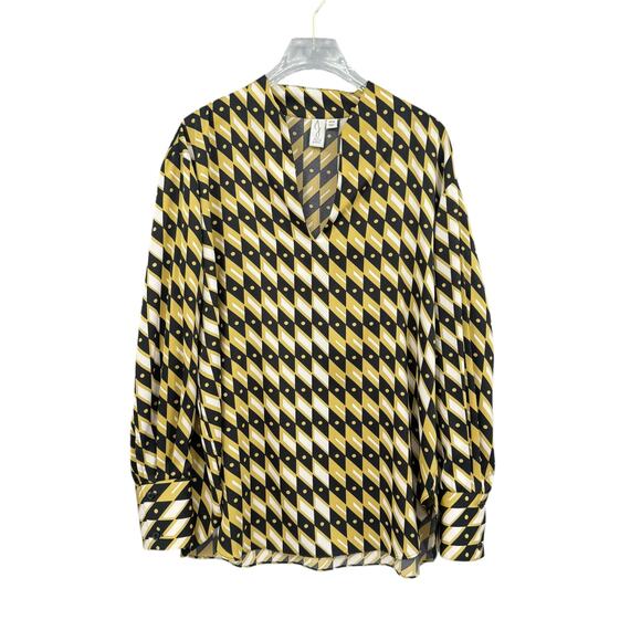 Joie Black & Yellow Geometric Diamond Print Long Sleeve Split V-neck Blouse - Picture 7 of 11